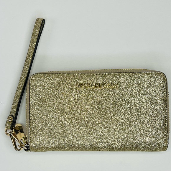 Michael Kors Jet Set Travel Glitter Pale Gold Phone Case Wristlet Wallet - Picture 2 of 12